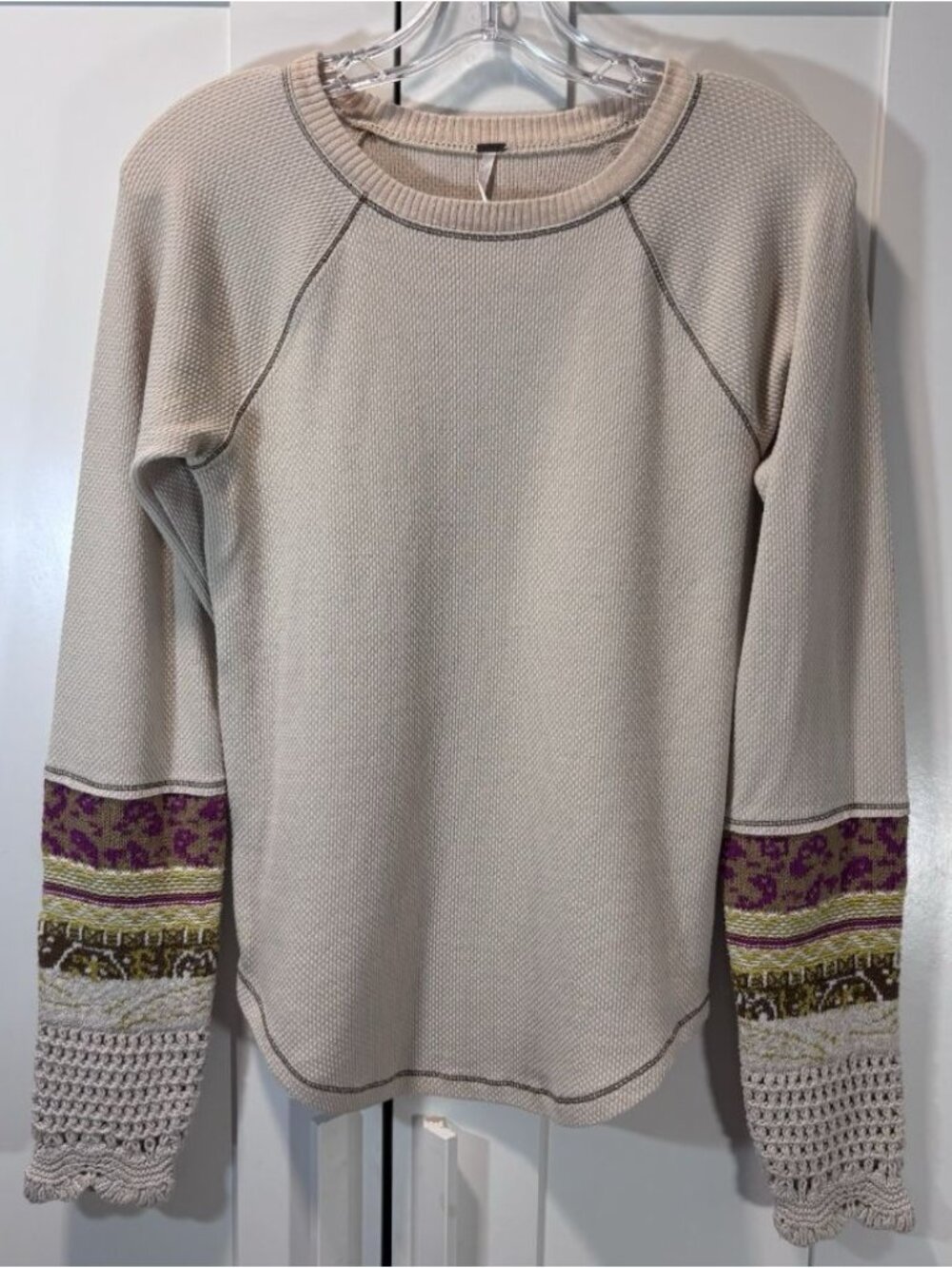 Free People Waffle Knit Thermal Top Crochet Patchwork Sleeve Boho Cream Womens L